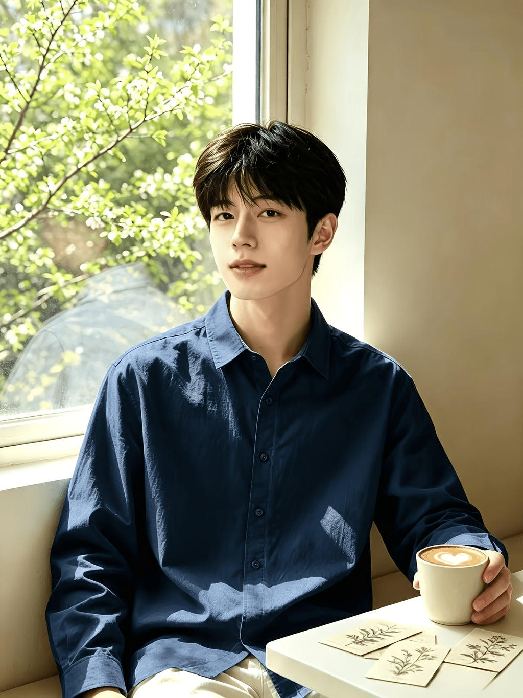 Men'S Autumn Classic Solid Color Long Sleeve Button-Up Shirt, Lapel Collar Casual Blouse, Loose Soft Breathable Daily Top - Navy Color