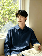 Men'S Autumn Classic Solid Color Long Sleeve Button-Up Shirt, Lapel Collar Casual Blouse, Loose Soft Breathable Daily Top - Navy Color