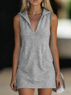 Women'S Sleeveless Hooded Mini Dress, Loose V-Neck Hooded Dress with Pockets, Loose Fitness Mini Dress Suitable for Running, Gym, Casual Sports, And Daily Wear, Urban Lifestyle Fashion Casual Short Skirt - Light Grey
