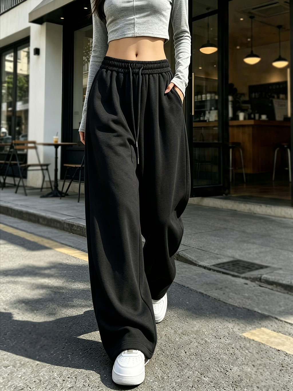 Spring And Autumn Drapey Loose Wide-Leg Athletic Pants for Women, Elastic Waist Drawstring High-Waist with Pockets, Easy All-Match Jogger Pants - Black