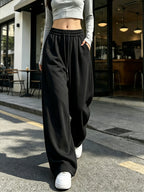 Spring And Autumn Drapey Loose Wide-Leg Athletic Pants for Women, Elastic Waist Drawstring High-Waist with Pockets, Easy All-Match Jogger Pants - Black