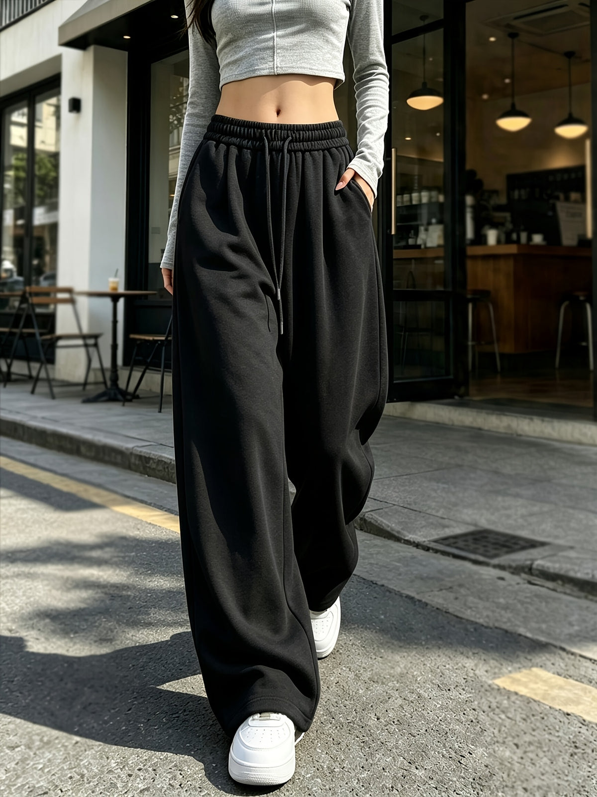 Spring And Autumn Drapey Loose Wide-Leg Athletic Pants for Women, Elastic Waist Drawstring High-Waist with Pockets, Easy All-Match Jogger Pants - Black