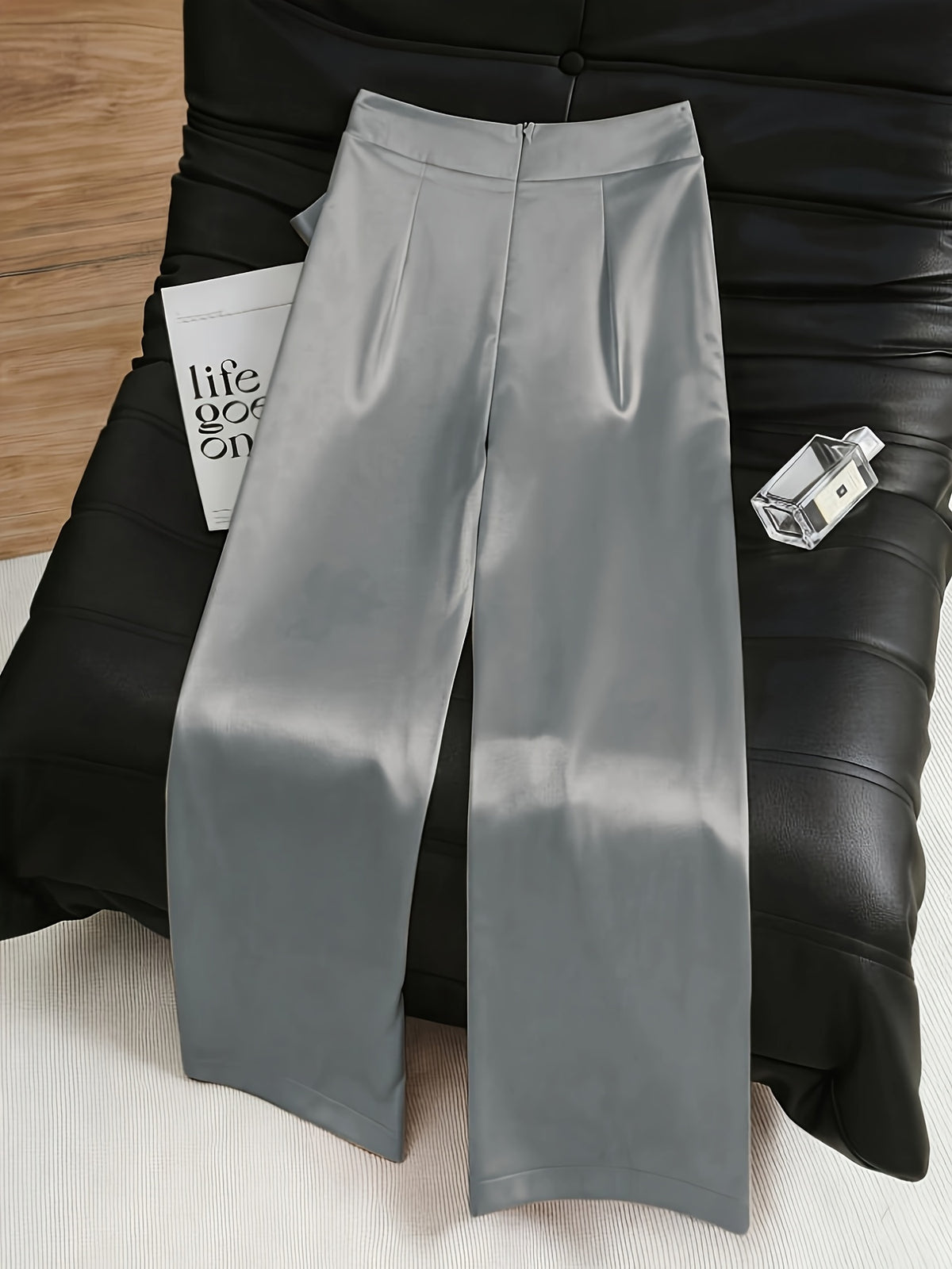Women'S Fashion Commuter Satin Irregular Lace Bow Zipper Wide-Leg Long Pants - Grey