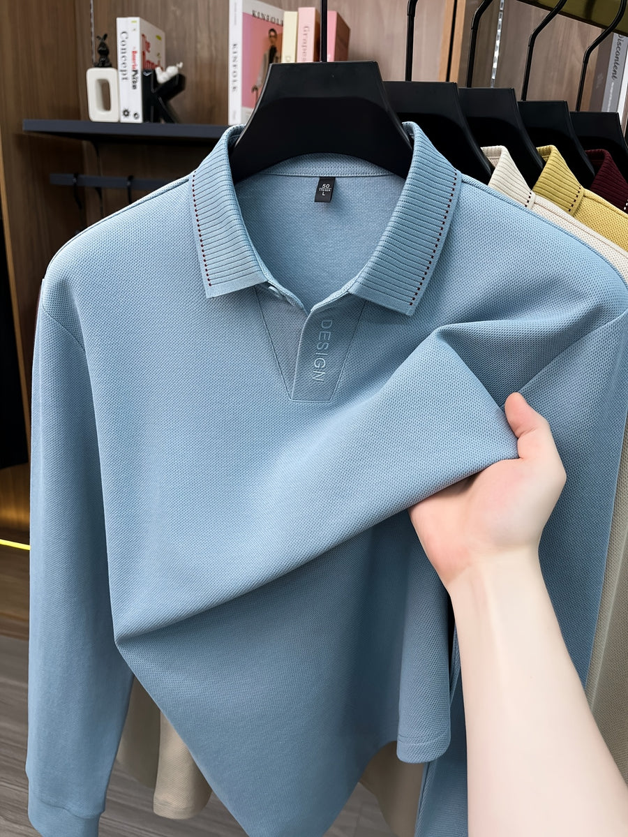 New Autumn 2026 Men's Long-Sleeve Solid Color Seagull Collar Lapel Casual Polo T-Shirt - Sky Blue