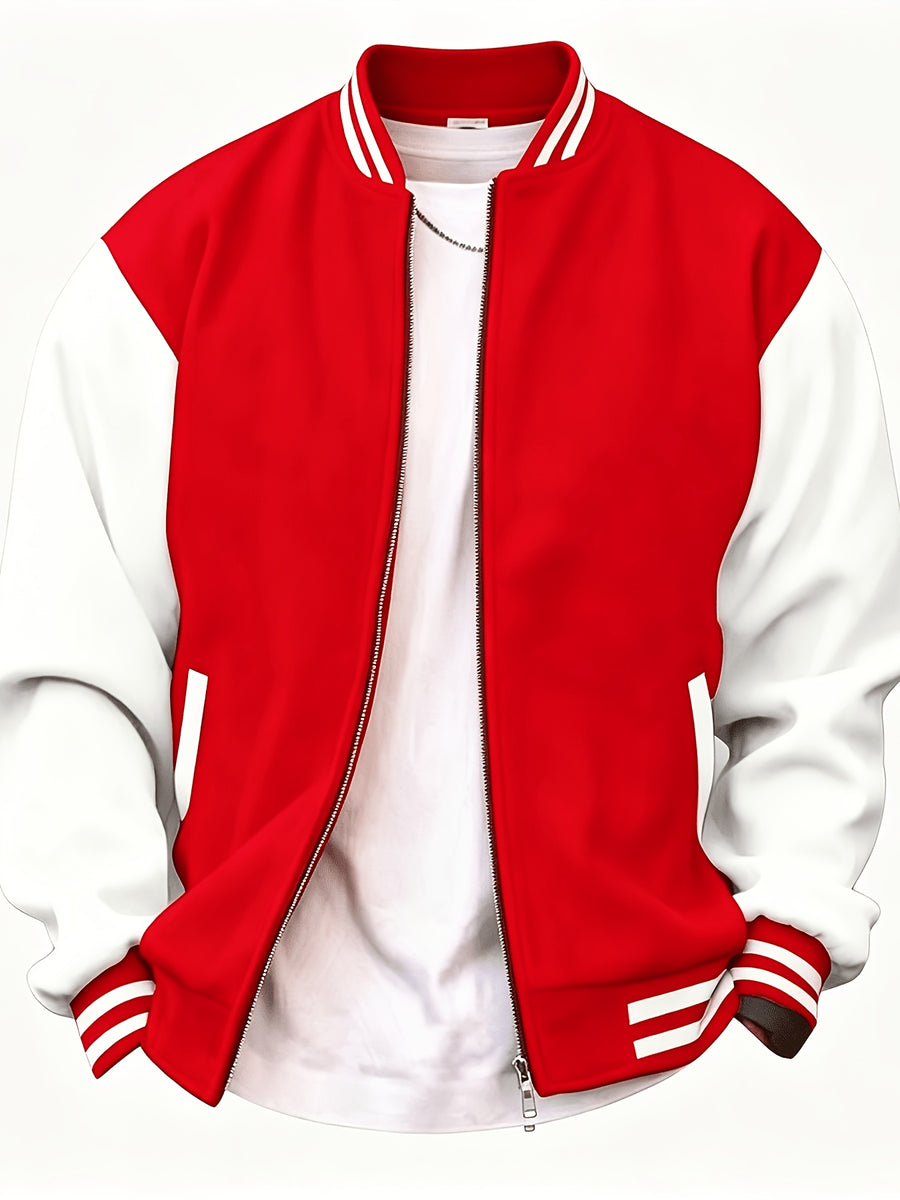 Classic Campus Style Men'S Casual Campus Fashion Youthful Bright Fashion Zipper Pocket Baseball Jacket - Red