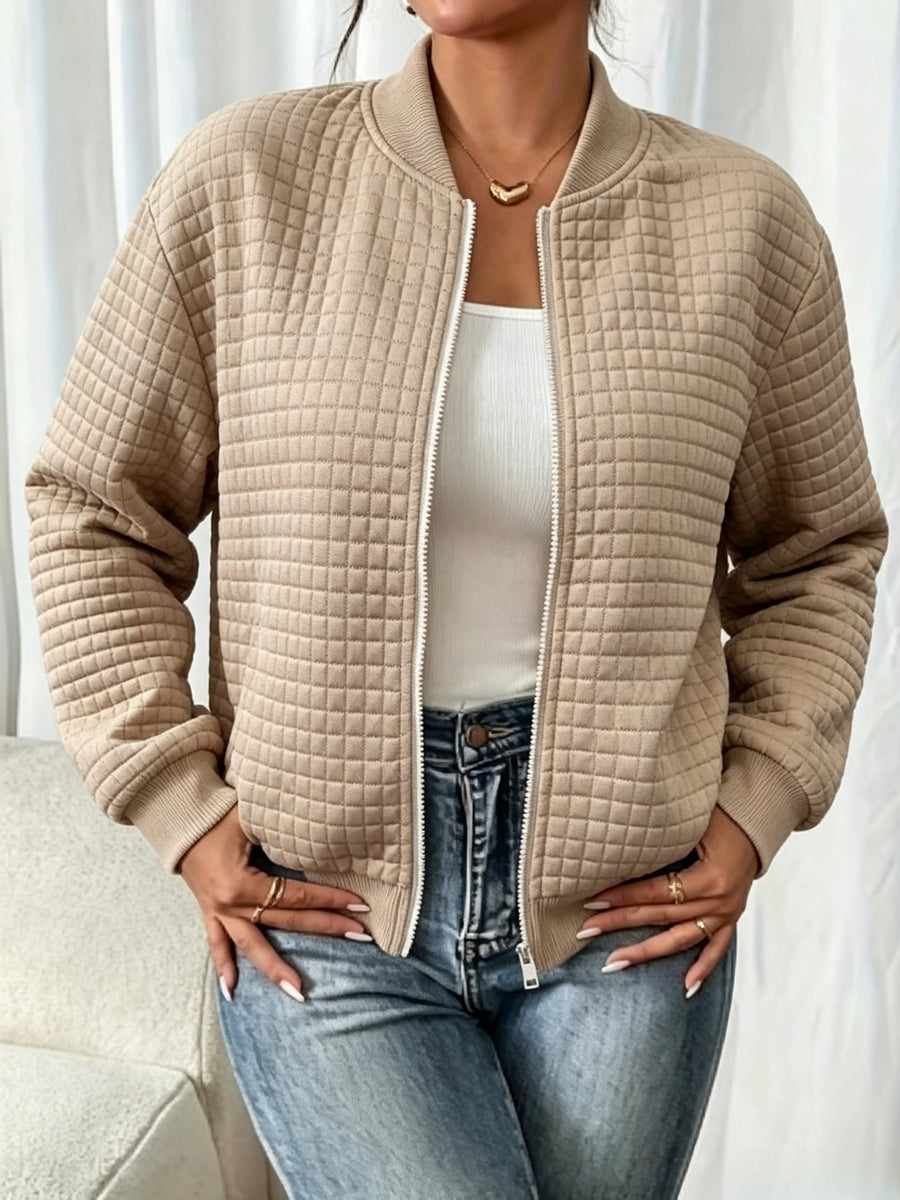 Easy Temperament Checkered Embossed Jacket, Casual All-Match Commute Loose Short Stand-Up Collar Coat Women'S - Camel