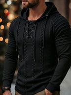 ROYALBOY Textured Jacquard Fabric Contrast Color Pleated Ribbed Sleeves Drawstring Design Fashionable Outdoor Casual Hooded Sportswear Top, Autumn Menswear - Black