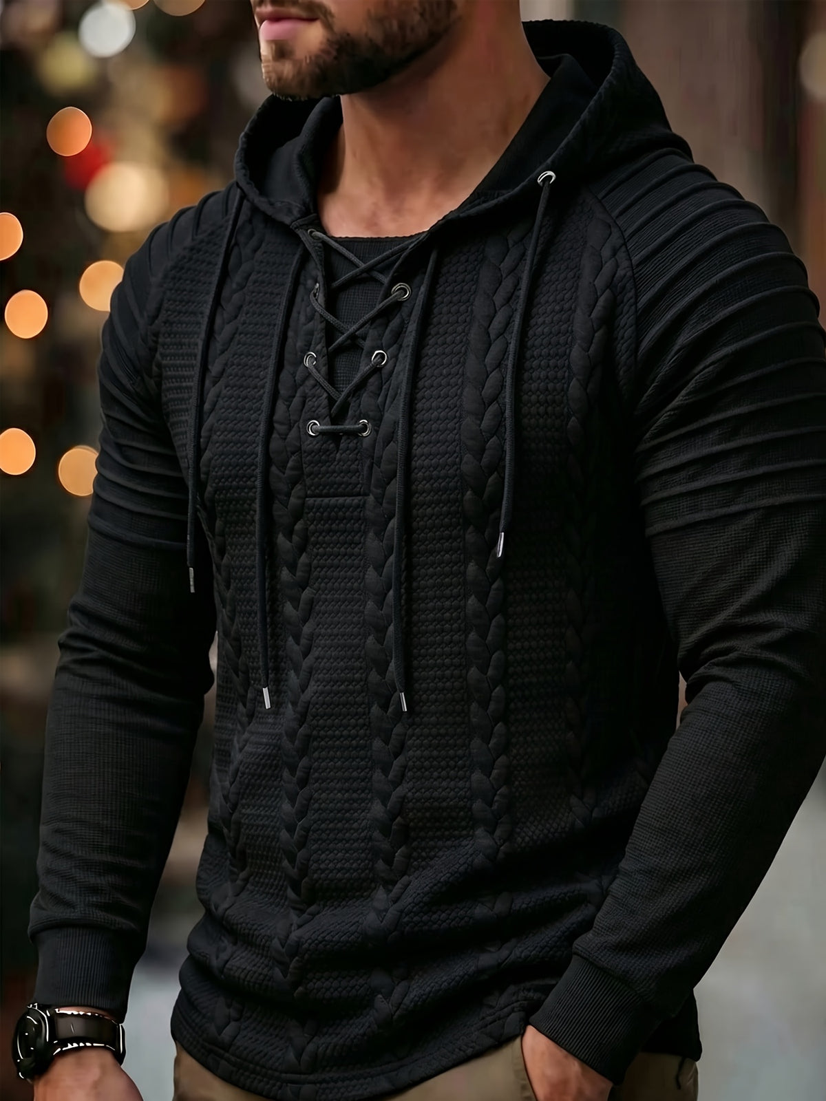ROYALBOY Textured Jacquard Fabric Contrast Color Pleated Ribbed Sleeves Drawstring Design Fashionable Outdoor Casual Hooded Sportswear Top, Autumn Menswear - Black