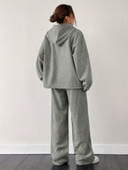 European and American Autumn Winter Loose Solid Color Hooded Sweatshirt Straight Leg Pants Casual Sportswear Set - Grey