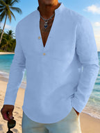 Men's Solid Color Henley Long Sleeve Shirt, Lightweight Breathable Casual Button Up Tops for Summer - Sky Blue