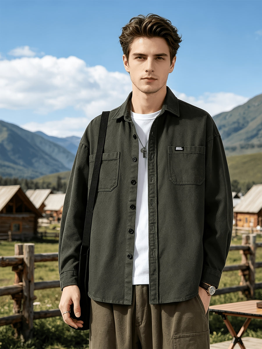 Men'S Utility Long Sleeve Shirt, Lapel Outdoor Loose Multi-Pocket Fashion Patchwork Design Versatile Men'S Top Outerwear - fern green