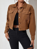 Stylish Women's Jacket on - Valentine's Day New Arrival, Hot Women's Outfit, Solid Color Corduroy Pocket Collar Long Sleeve Coat, Casual Jacket. Suitable for Casual to Semi-formal Wear, Layering, Classic Design, Exquisite Details, Fashionable Top - Sepia