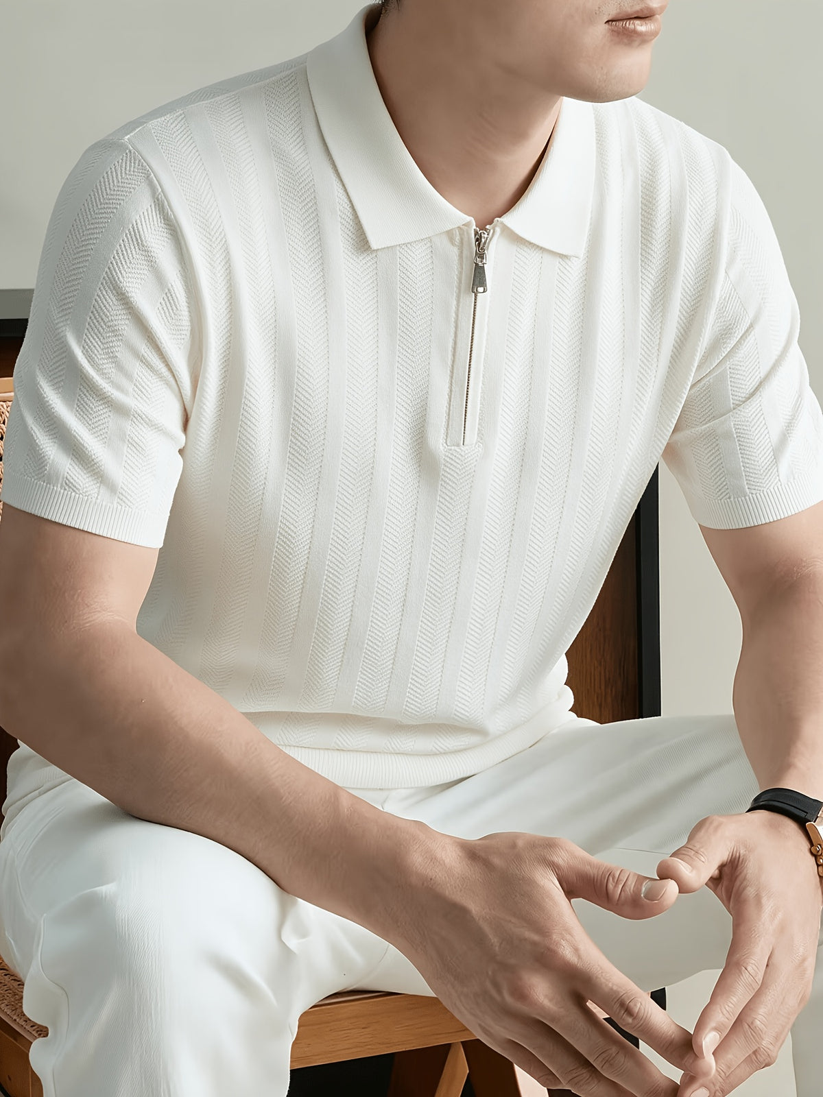 Brand Men'S Half-Zip Knitted Polo Shirt Short Sleeve Vertical Ribbed Texture Lapel Casual Summer Golf Polo Tee - White