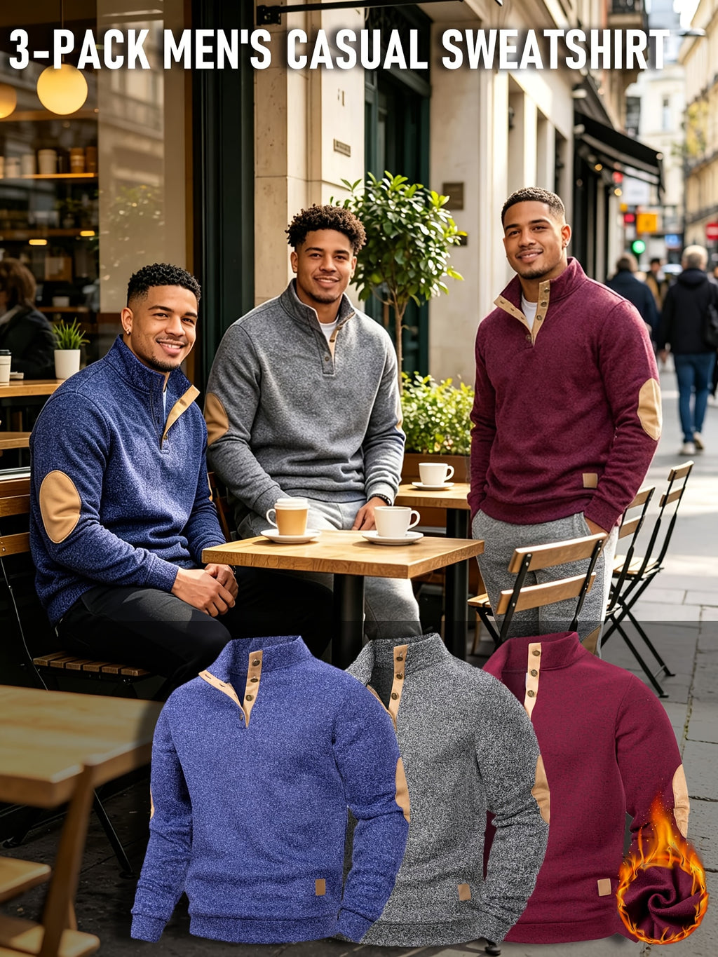 [Back-to-School Season] 3pcs - Men's Casual Long-Sleeve Pullover, Solid Color Long-Sleeve for Daily Outings, Commuting, and Back-to-School, Vintage Casual Autumn/Winter Regular Fit Versatile Style, Multi-pc, Stand Collar Lined for Warmth with Elbow - Navy blue + dark gray + wine red