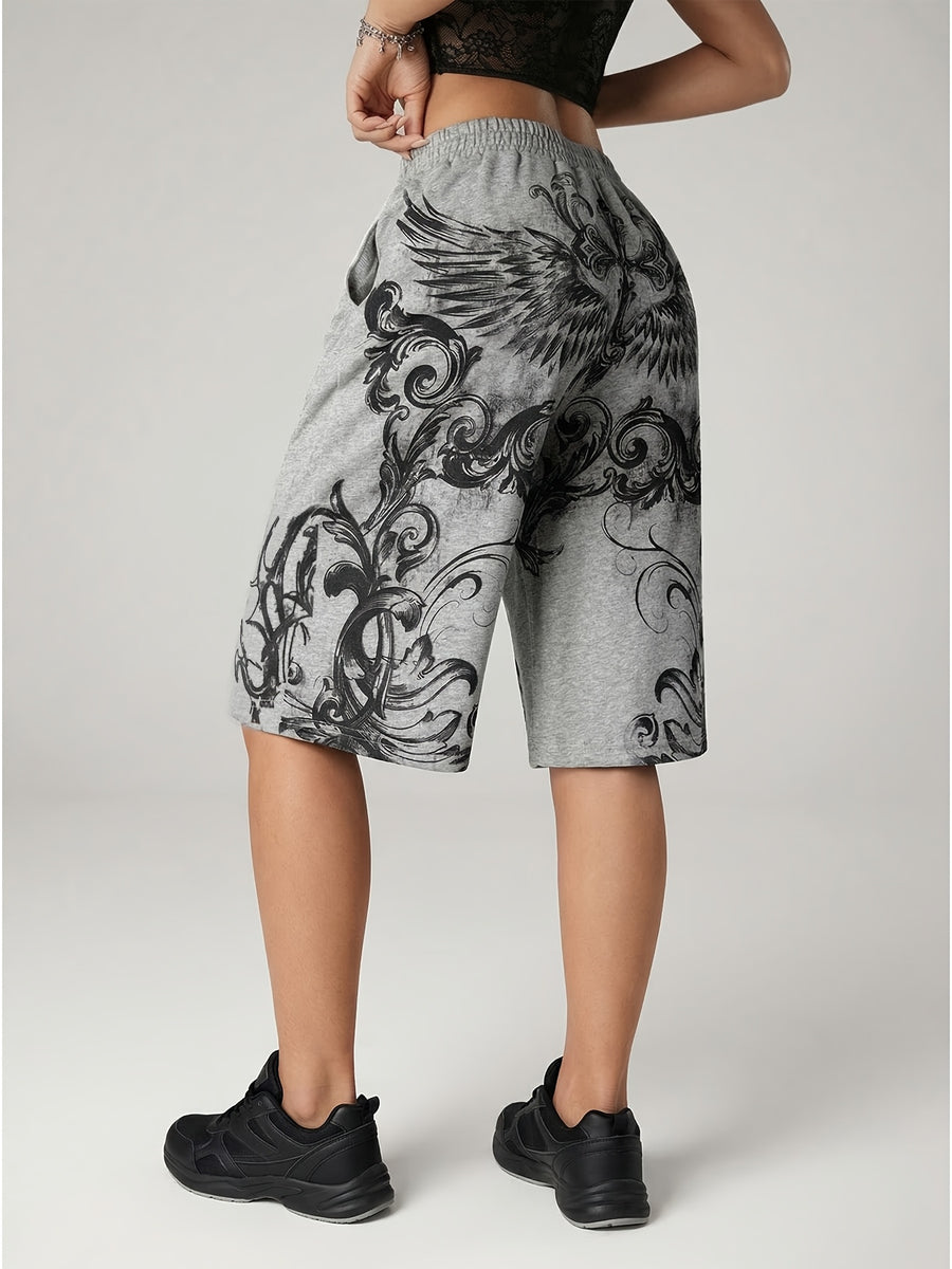 Women's Gothic Y2K Punk Wide-Leg Sweatpants - Low-Rise Knee-Length Shorts with Gothic Print & Contrast, Loose Fit Casual Pants Suitable for Themed Parties, Casual Attire, Machine Washable for Spring/Summer/Fall - Grey