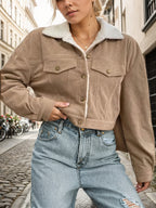 Women'S Short Corduroy And Lamb Jacket for Autumn And Winter, Featuring a Fleece Collar, Versatile Korean-Style Warm Top - Camel