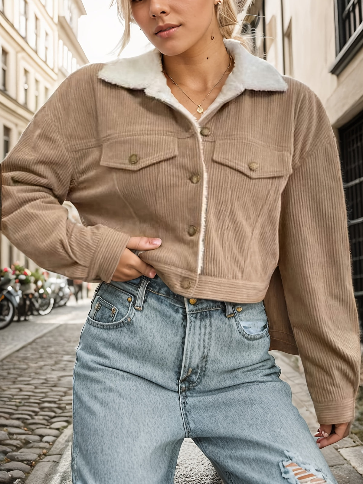 Women'S Short Corduroy And Lamb Jacket for Autumn And Winter, Featuring a Fleece Collar, Versatile Korean-Style Warm Top - Camel