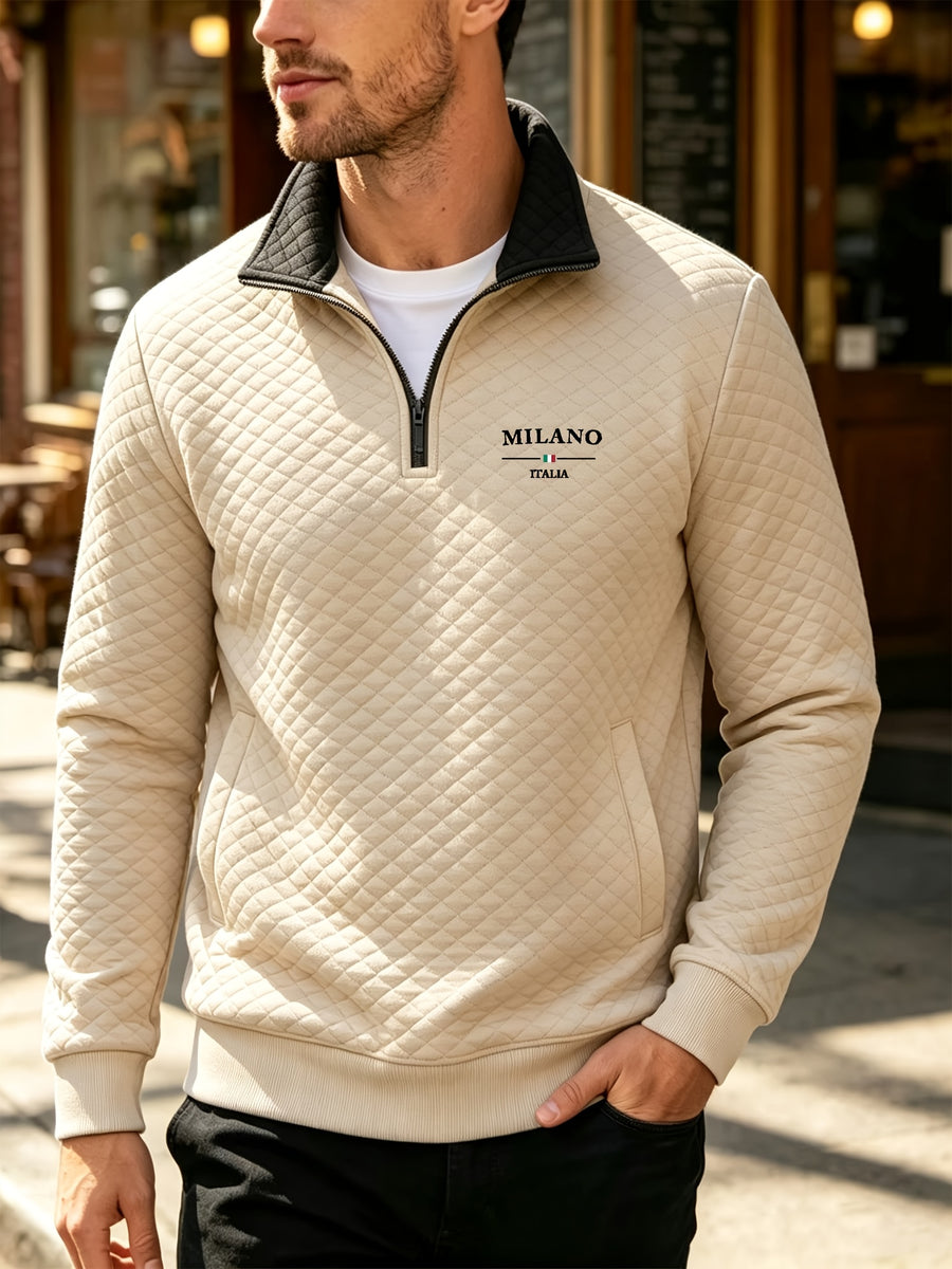 BOWZ Men's Lapel Sweatshirt, Autumn/Winter Men's Half-Zip Polo Sweatshirt, American-Style Henry Shirt Color-Block Sweatshirt, Trendy and Versatile, Warm and Breathable, with Zipper and Pocket Design, Suitable for Outdoor Sports and Casual Home Wear - Khaki