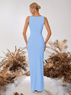 Straight Neck Side Slit Slim Fit Prom Party Cocktail Reception Formal Ladies Dinner Dress - Sky Blue