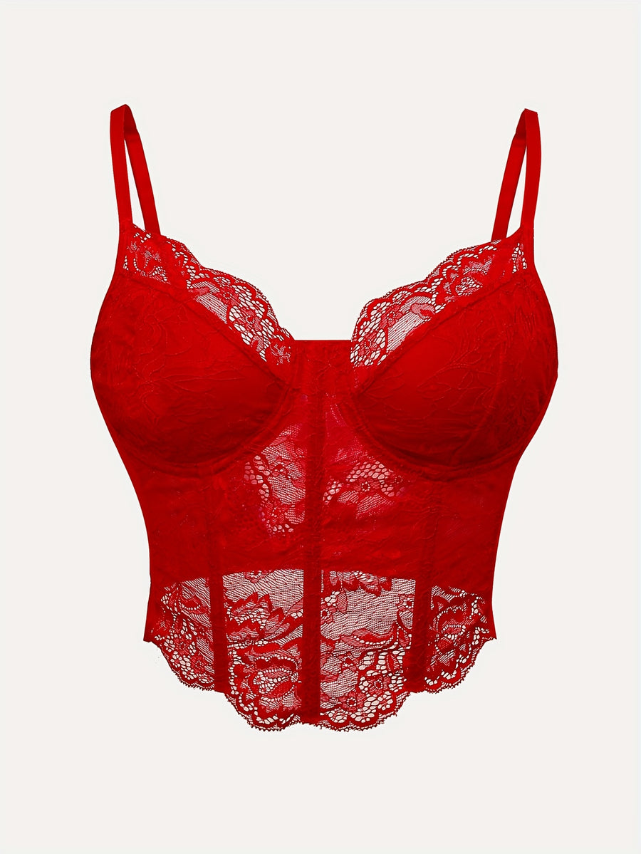 European Style Sexy Floral Lace Diamond Fishbone See-Through Women'S Corset Top - Red