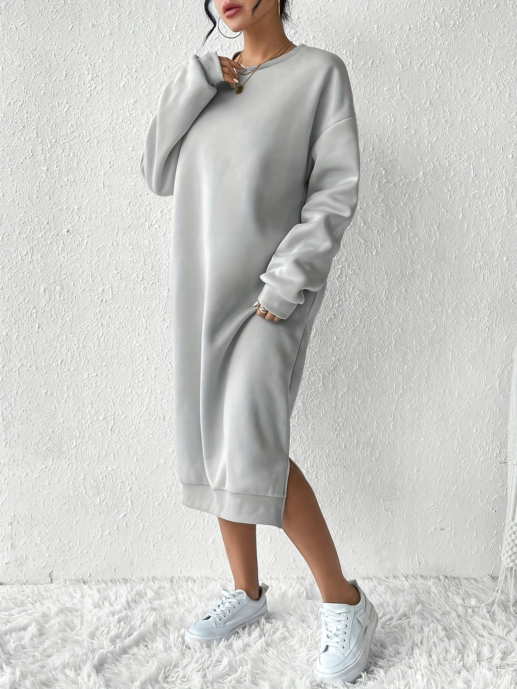 [Full Version] Women'S Cute Bear Print Long Sleeve Casual Straight Dress, Fall Winter, Long Sleeve Fashion Sweatshirt [Circle] Targeted - Grey