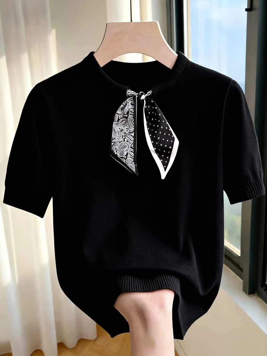 Gray Short-Sleeve Sweater with Scarf Bow Tie Collar - Round Neck Blouse-Compatible Suitable for Layering or Outerwear, Medium Stretch - Sweater for Commuting, Office & Casual Wear, Hand Washable Solid Color - Black