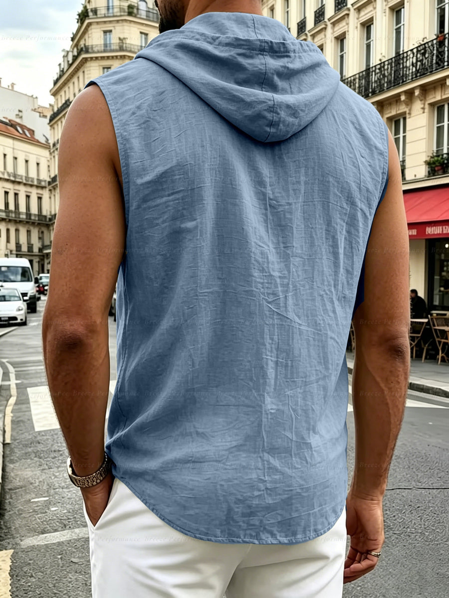 Pearson OBM Men's Sleeveless Hooded Shirt, Upgraded Textured Comfortable and Breathable Fabric Hooded Vest, Men's Linen Fashion Hoodie, Summer Top Casual and Lightweight with Button and Drawstring, Suitable for Outdoor Activities, Beach, and Coast - MT Light Blue