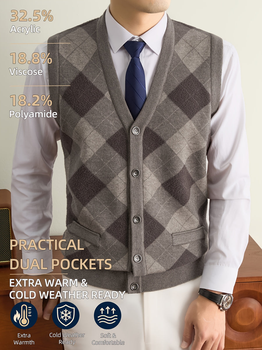 New Autumn/Winter Men's Knitted Vest with V-Neck, Tie Pockets, and Rhombus Pattern Design. Warm, Cold-Resistant, Soft, and Comfortable Sweater Vest. Simple, Elegant, and Versatile, Suitable for Daily, Business, Casual, and Camping Wear. The First - Camel