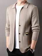 Men's Lapel Vertical Stripe Knit Cardigan Jacket, featuring a light business style with a mature and steady vibe, yet incorporating a sense of casualness. Flattering on all body types, suitable for men - SINBOS - Camel