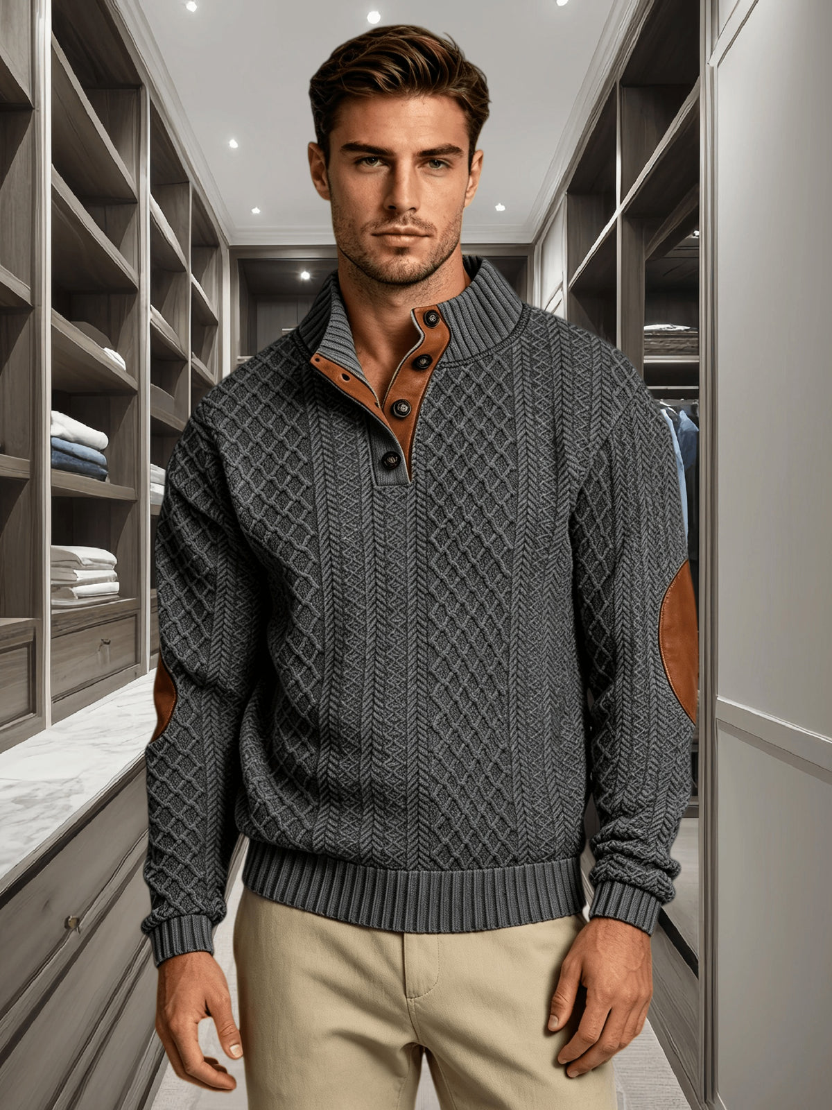 3pcs Men'S Textured Jacquard Knit Sweater Retro Casual Button-Up Stand Collar Long Sleeve Top for Autumn Winter Outing Home Versatile Basic Solid Color - Khaki 2 + Dark Gray
