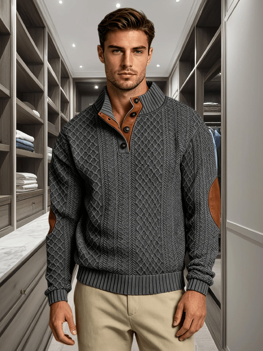 3pcs Men'S Textured Jacquard Knit Sweater Retro Casual Button-Up Stand Collar Long Sleeve Top for Autumn Winter Outing Home Versatile Basic Solid Color - Khaki 2 + Dark Gray