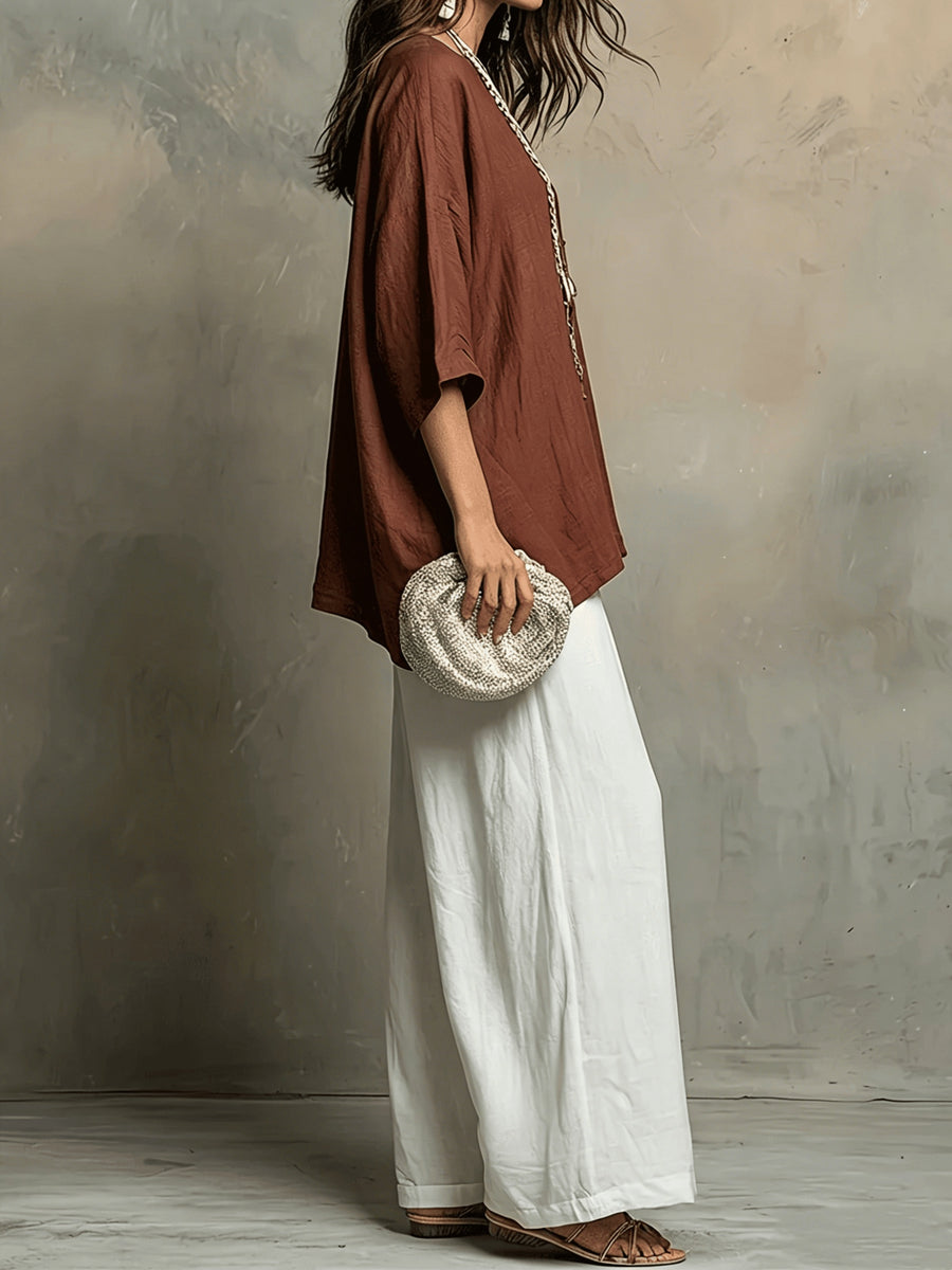 Bohemian Spring Summer New Loose Elegant Color-Block Set Women'S Round Neck Short Sleeve Solid Top And High-Waist Wide-Leg Pants 2pcs Set Western Casual Vacation Suit - Rust