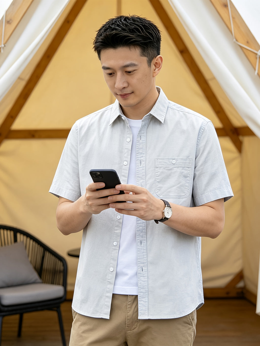 Men'S Casual Short Sleeve Shirt, Loose Easy Fit, Lightweight Breathable, Daily Summer Versatile Top - Apricot
