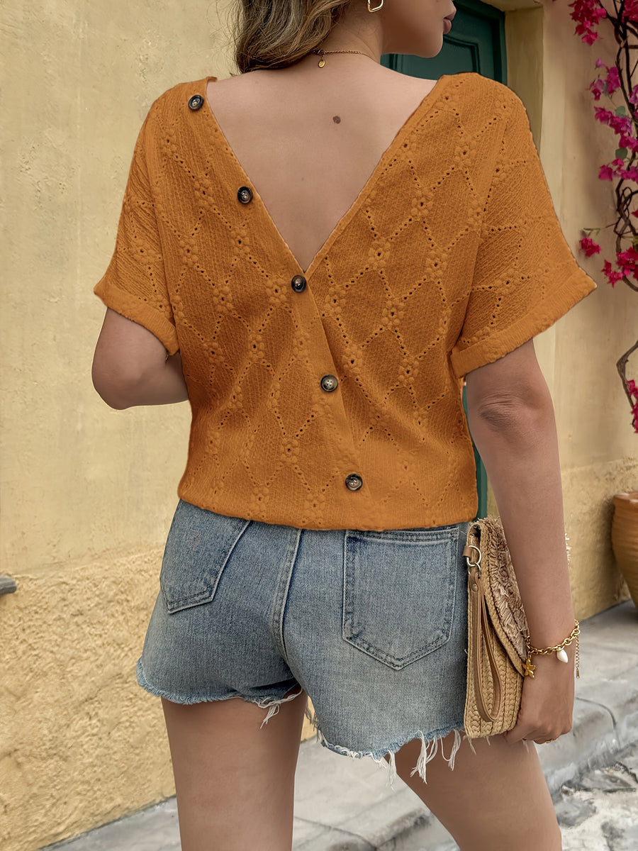 Fashion Women's Top Button Decoration Short Sleeve Backless Round Neck T-Shirt - Light Brown-1