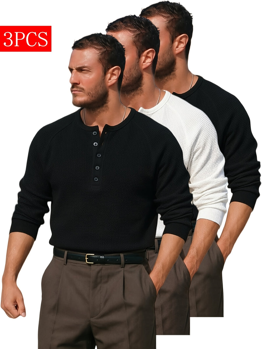 3pcs Men'S Classic Henley Long Sleeve Shirt, High-Quality Waffle Knit Pullover, Mature Men'S Multi-Color Set - Black+white+black