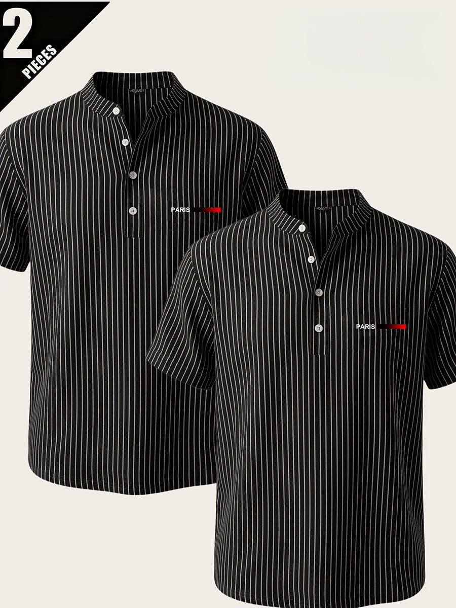 2pcs Men'S Striped Henley Shirt Set, PARIS Chest Print Short Sleeve Shirt, Lightweight Breathable Regular Fit, Suitable for Casual Wear, Travel, And Layering - Black+black