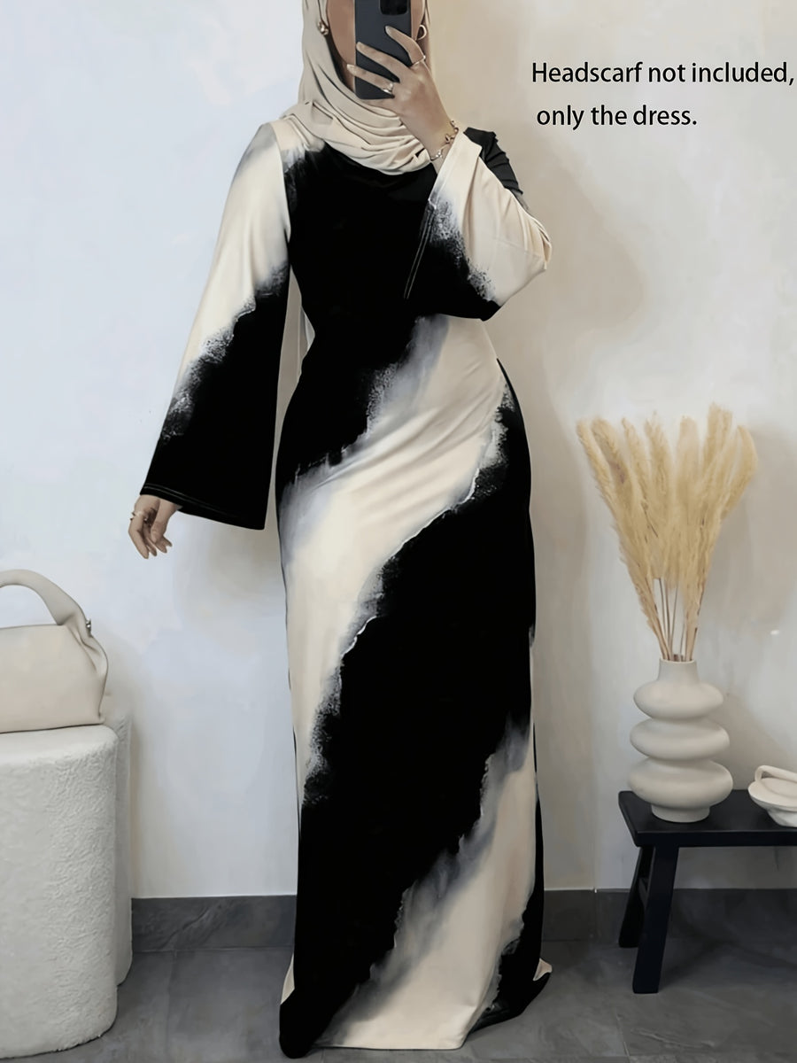 Minimalist Black And White Contrast Robe, Ink Wash Printed Cinched Dress, Gathering And Street Style Elegant Robe - Black