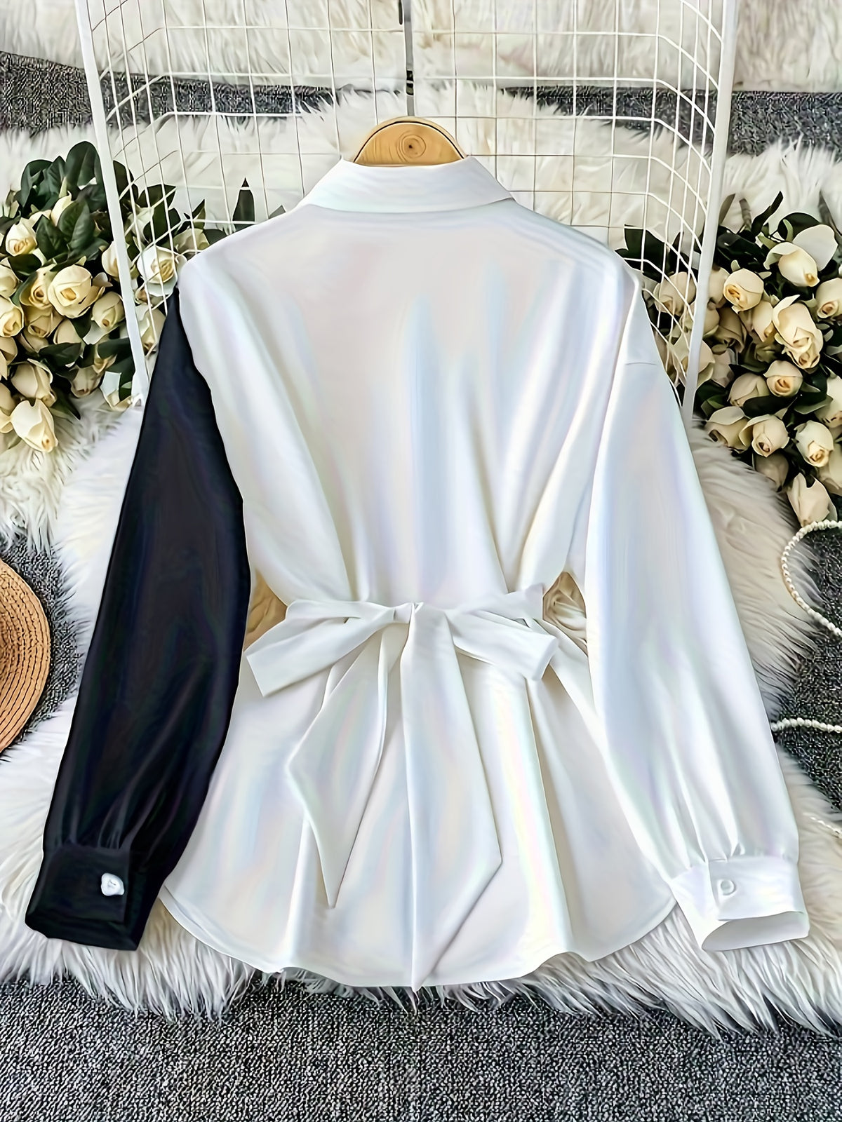 Vacation Style Women'S Color Matching Casual Retro Popular Single-Breasted Hardware Decoration (With Collar) Fashionable Shirt Top - White