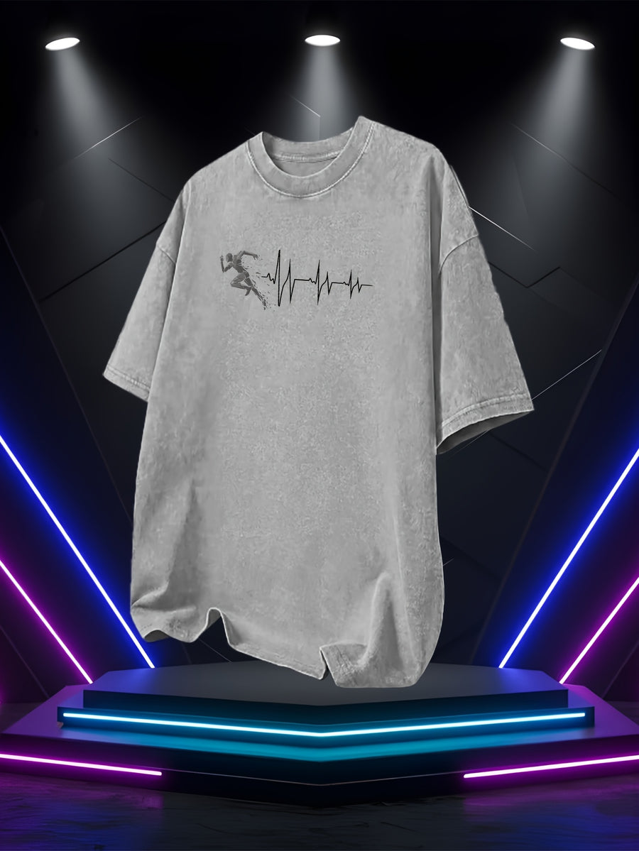 Men's Washed Short-Sleeve T-Shirt, Made of Pure Cotton Fabric That Is Breathable and Skin-friendly. The Relaxed Fit Is Comfortable and Versatile. Features a Creative Print of a Runner on the Front + EKG, Combining Athletic Passion with the Rhythm - Grey