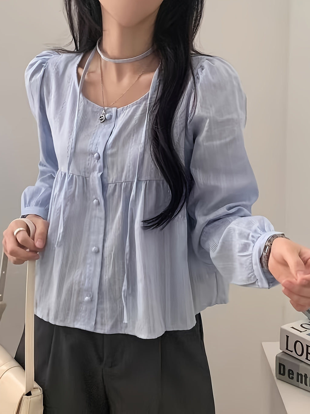 Women's Casual Spring/Summer Vintage Round Neck Loose Bubble Sleeve Long Sleeve Shirt Top - Light Blue