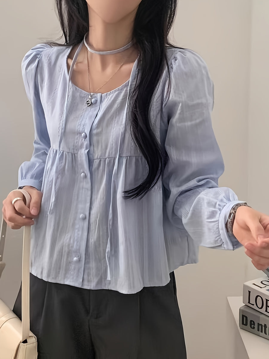 Women's Casual Spring/Summer Vintage Round Neck Loose Bubble Sleeve Long Sleeve Shirt Top - Light Blue