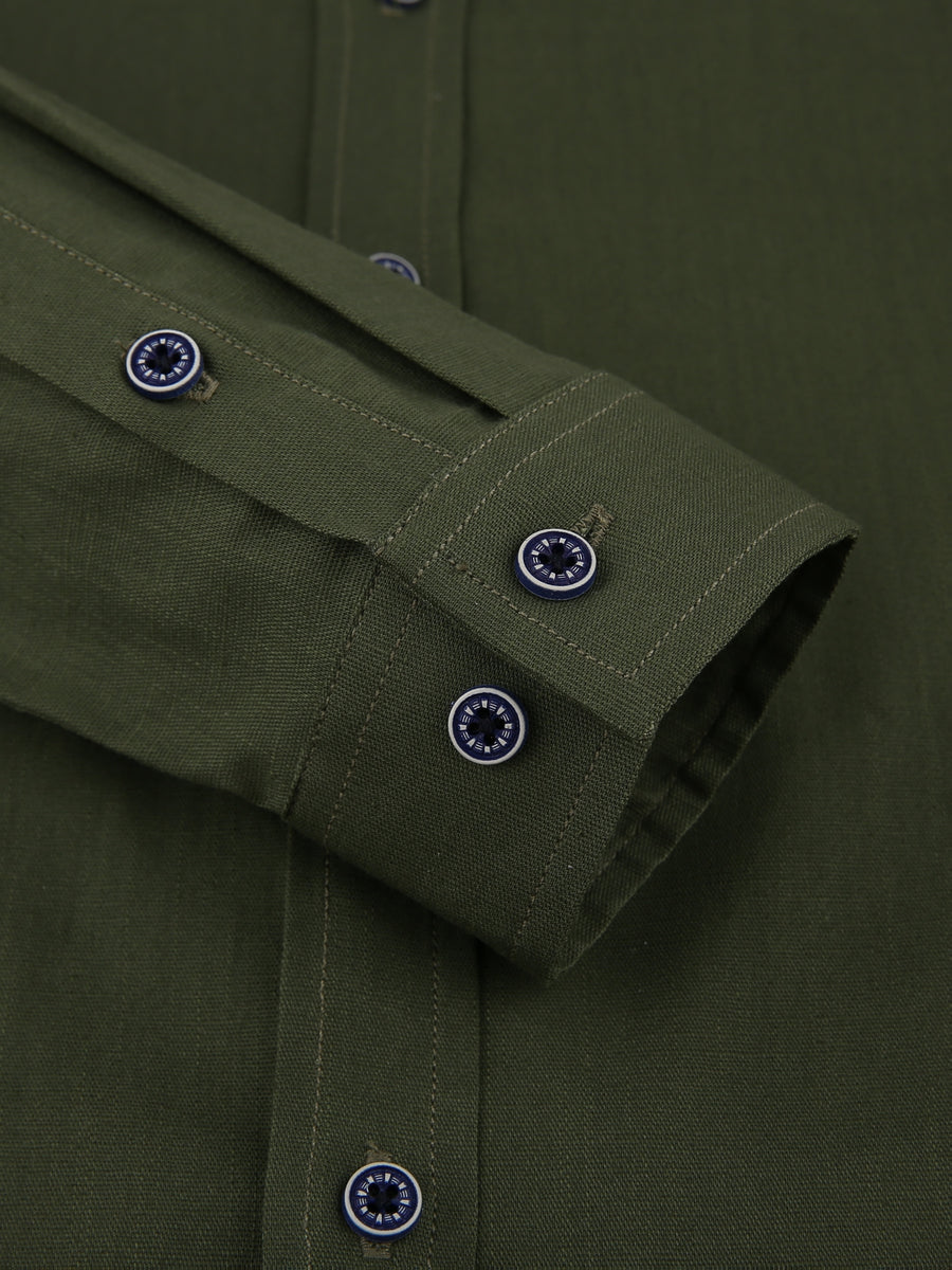 Men'S Casual Shirt, Spring/Autumn Style Linen-Like Collar Long Sleeve Versatile Solid Color Shirt, Minimalist Letter Print on Chest, Slim Fit Slimming Business Casual Top, Youth Daily Commute Versatile Men'S Clothing - Olive Green