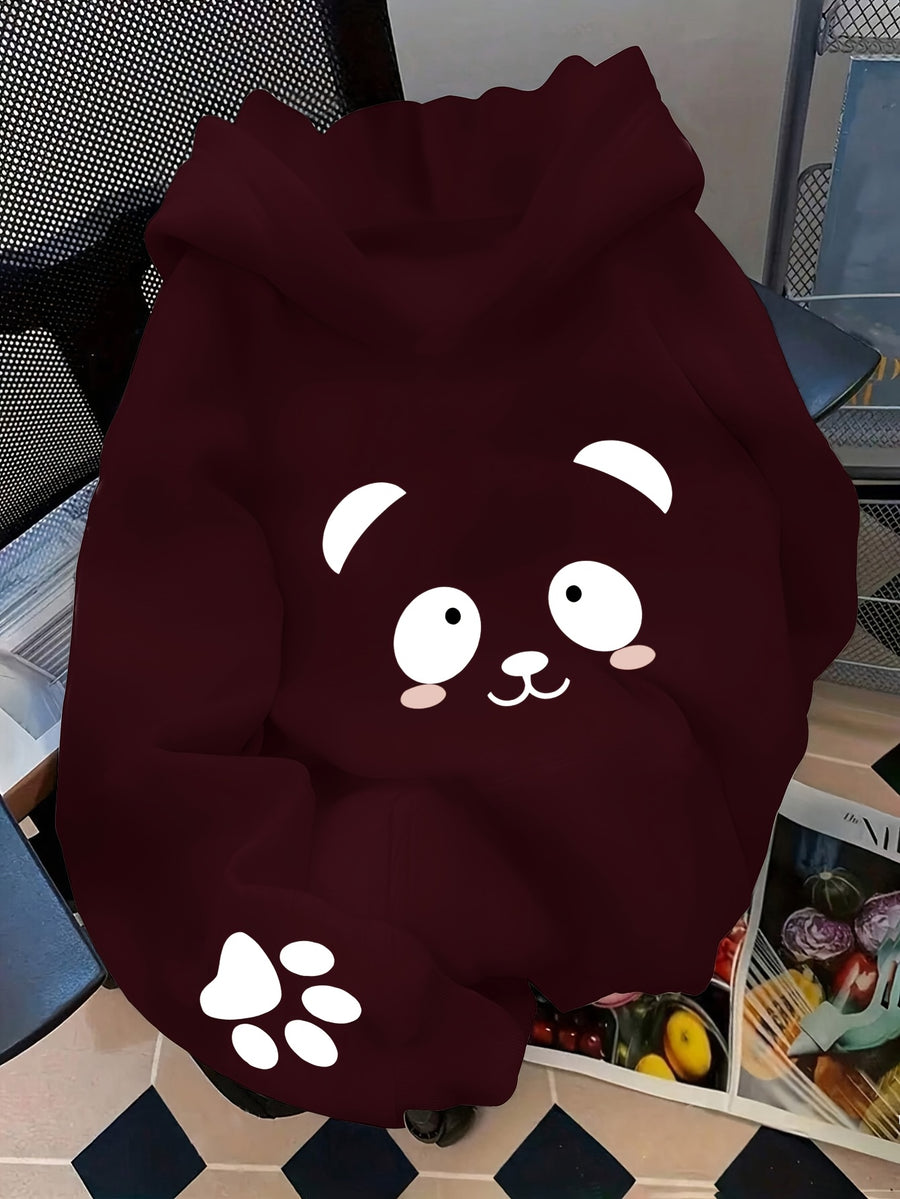 Women'S Warm Fleece Sweatshirt for Spring, Autumn, And Winter Featuring a Cute Panda Theme Print. This Autumn And Winter Commuting Piece Combines Soft And Adorable Elements Suitable for a Light Casual Office Style, Merging Warmth with a Loose Fit - Burgundy