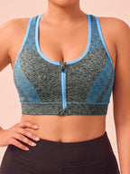 Plus Size Women'S Solid Color Wire-Free Front Zip Sports Bra, Gathering Fit Comfortable Breathable Casual Athletic Style, Suitable for Running, Fitness, Yoga, Outdoor Activities, And All Seasons - Blue