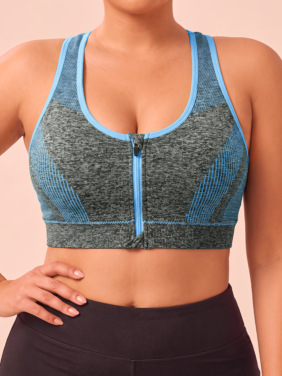Plus Size Women'S Solid Color Wire-Free Front Zip Sports Bra, Gathering Fit Comfortable Breathable Casual Athletic Style, Suitable for Running, Fitness, Yoga, Outdoor Activities, And All Seasons - Blue