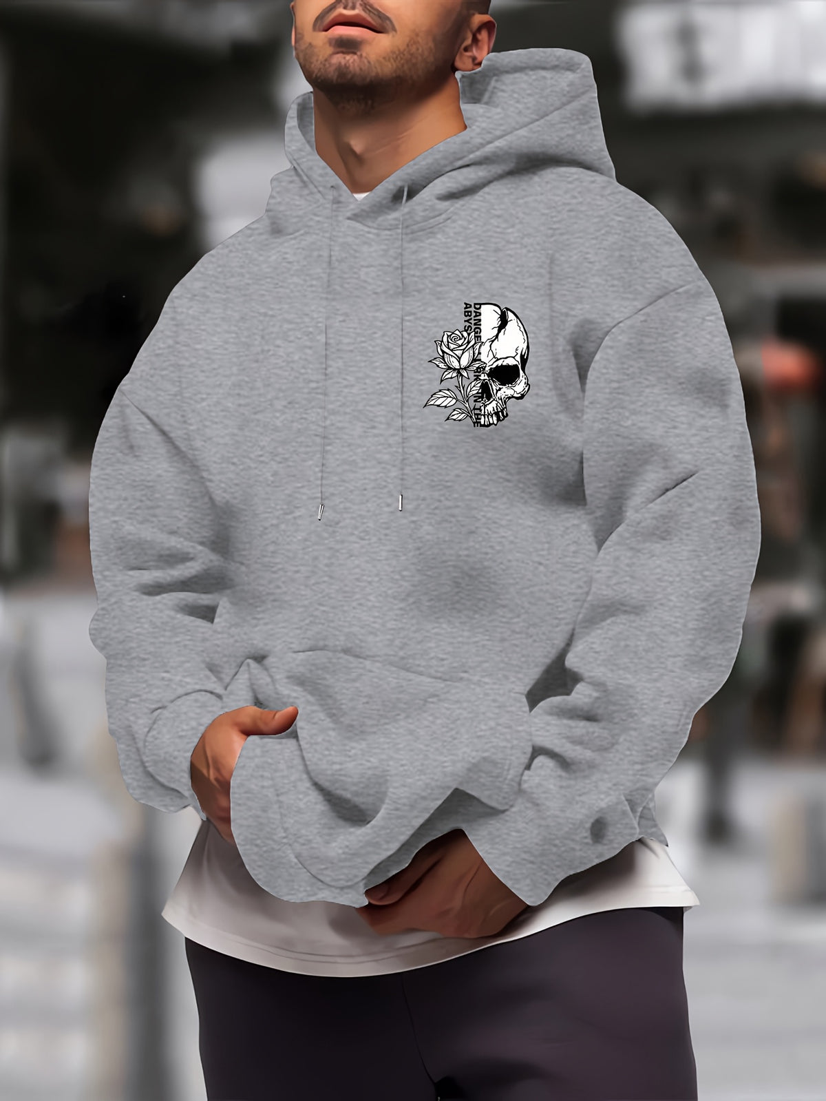New Trendy Men'S Autumn And Winter Hooded Sweatshirt, Casual Everyday Drawstring Hoodie with Creative Design Print, Kangaroo Pouch Front Pocket, Unisex Tops - Flecking Gray