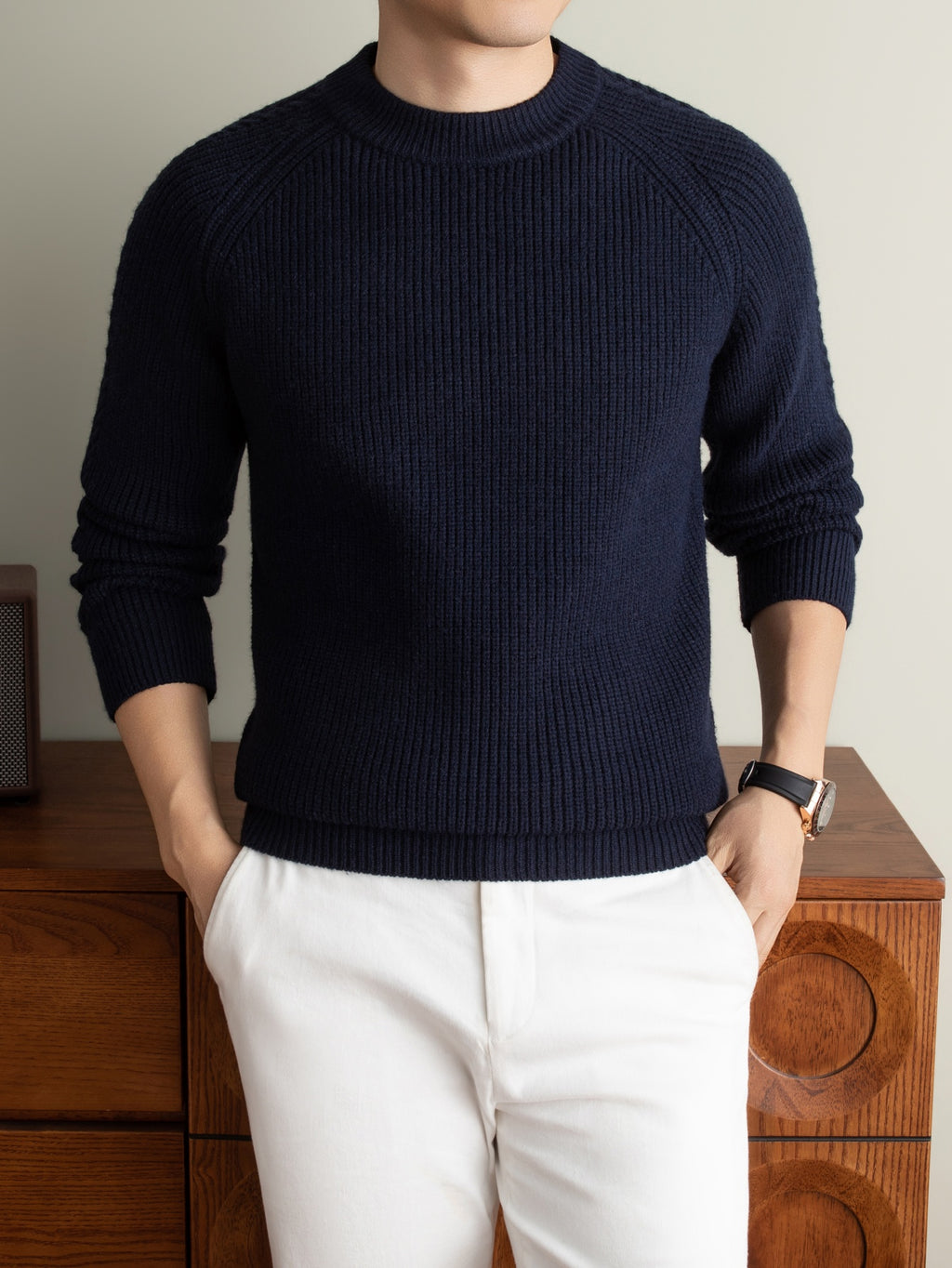 Winter New Round Neck Long Sleeve Thick Warm Men'S Sweater Off-Shoulder Style All-Match Casual Knit Top, Easy And Cool Base Layer Men'S Top, Comfortable And Breathable, Skin-Friendly Cold-Proof Pullover Clothing HF1193 - Navy Color