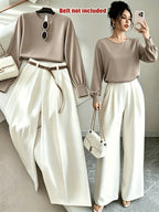 New Women's Elegant Casual Long-Sleeve Shirt + Straight-Leg Pants Set, Belt Not Included - Coffee+White