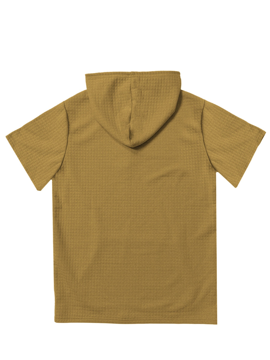CONQUER ALL Men's Waffle Knit Short-Sleeve Hooded Sweatshirt with Comfortable Print and Drawstring, Short-Sleeve T-Shirt with Pocket, Summer Casual Fashion Men's Apparel, Suitable for Outings and Home Wear, Suitable for Daily and Formal Wear - Khaki