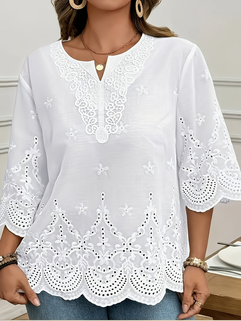 Elegant V-Neck Shirt with Floral Lace Texture | Formal And Casual Wear, Suitable for Spring/Summer/Fall - White